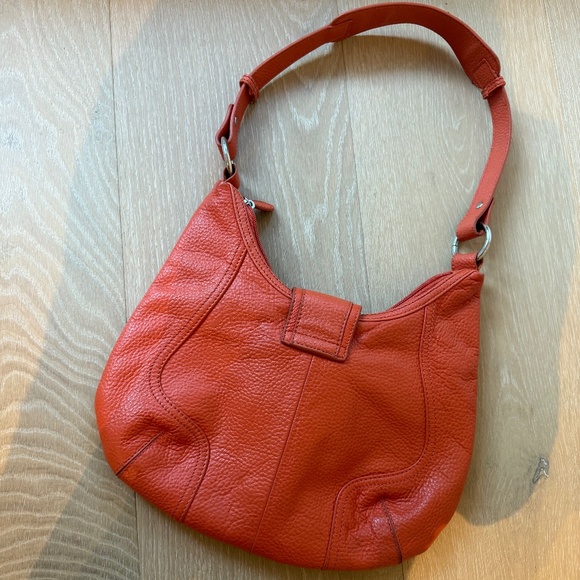 Coldwater Creek Pebbled Leather Orange Fringe Medium Hobo Bag - Picture 2 of 4